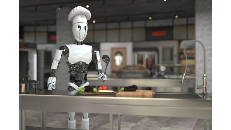 A humanoid robot chef cooks dishes in a restaurant kitchen. Replacing human labor with robotics. Future concept with smart robotics and artificial intelligence. 3D rendering