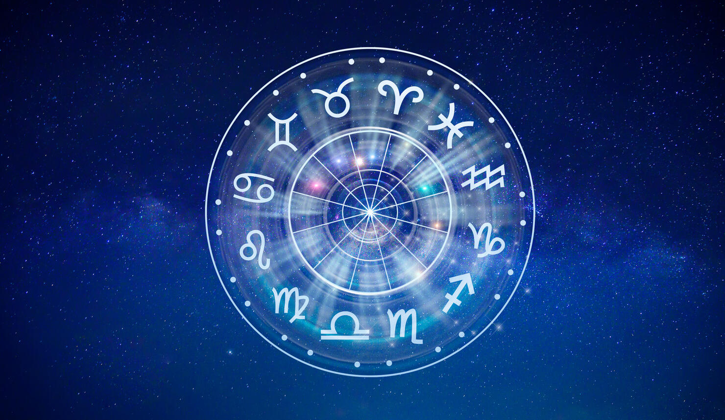 Zodiac signs inside of horoscope circle. Astrology in the sky with many stars and moons  astrology and horoscopes concept