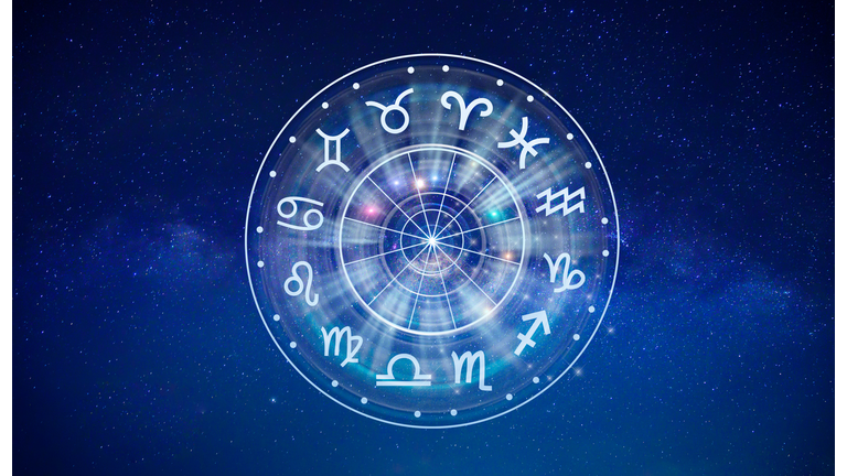 Zodiac signs inside of horoscope circle. Astrology in the sky with many stars and moons  astrology and horoscopes concept