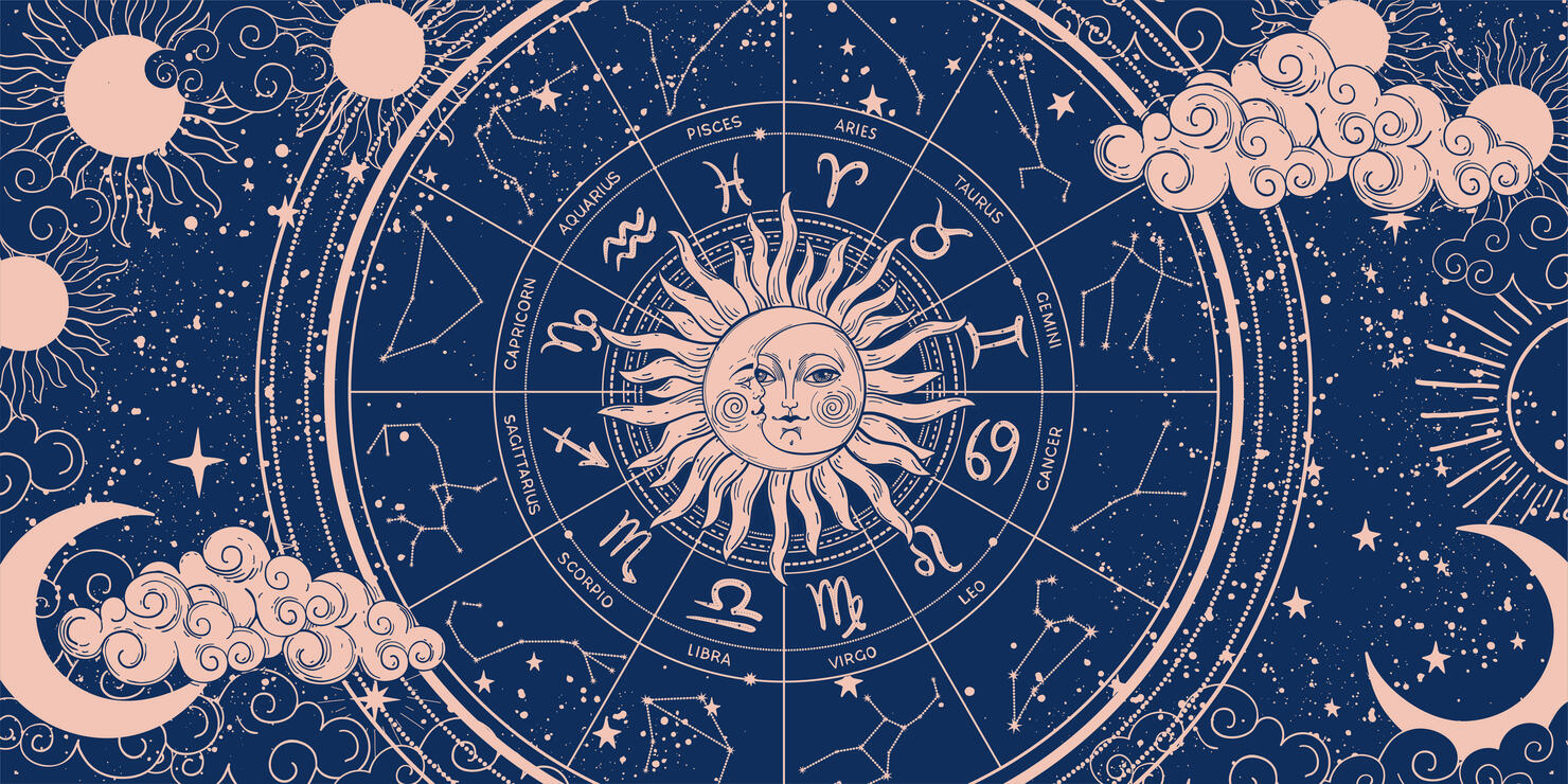Zodiac wheel on blue background with moon and sun, astrology banner with 12 zodiac signs. Mystical horoscope vector pattern, magical esoteric universe illustration, esoteric hand drawing.