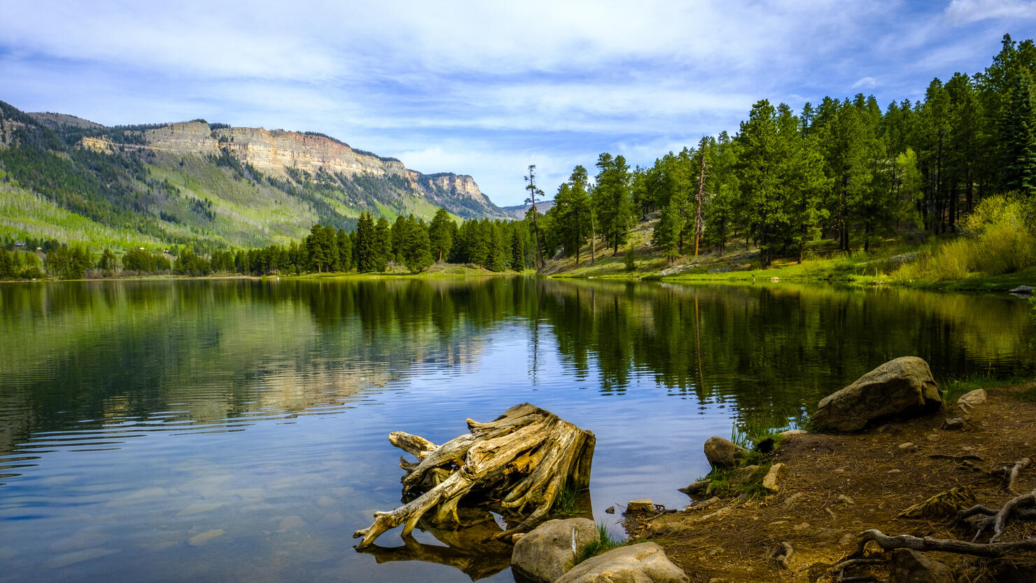 Scenic view of high alpine lake in spring