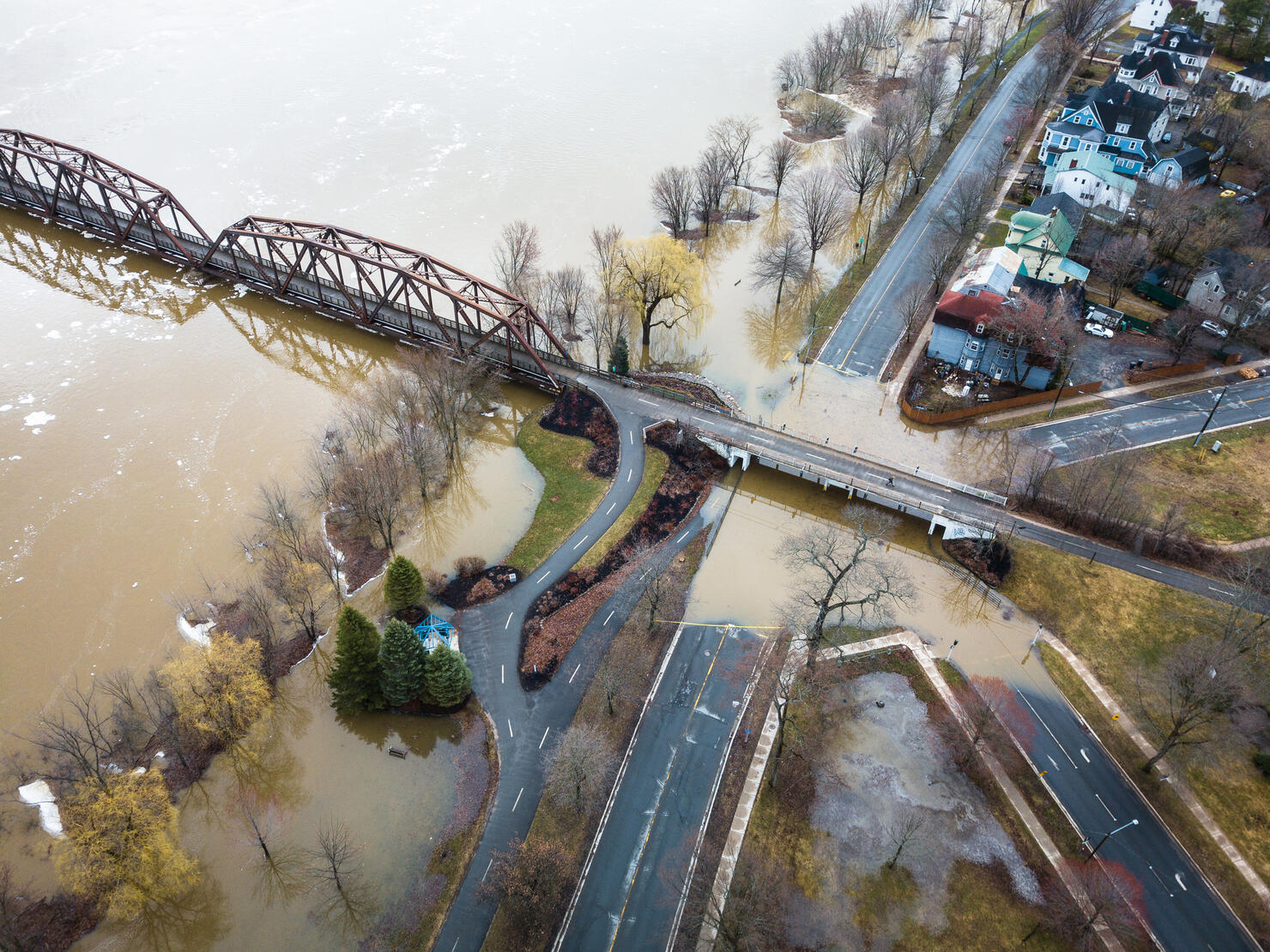 Saint John River flooding at the walking bridge in the spring of 2018 in Fredericton, New Brunswick, Canada