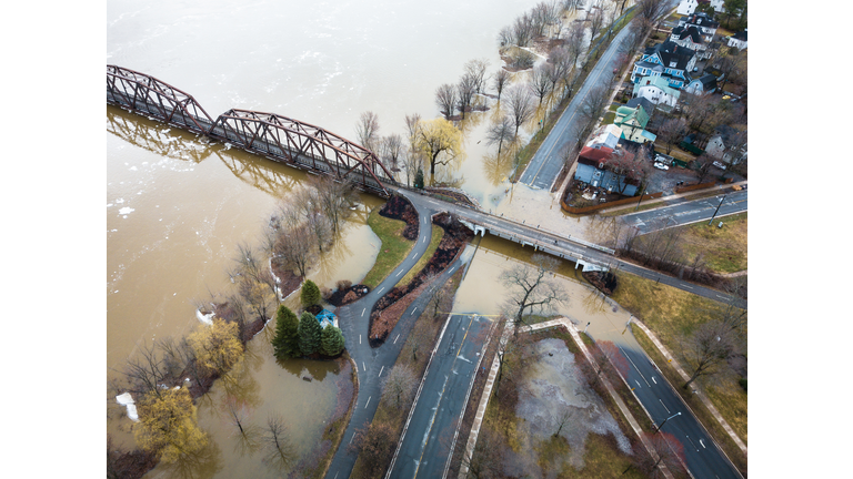 Saint John River flooding at the walking bridge in the spring of 2018 in Fredericton, New Brunswick, Canada