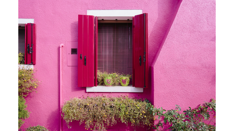 Two flower pots with hearts on the window sill of a vibrant pink house