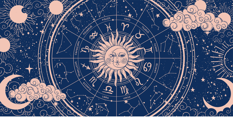 Zodiac wheel on blue background with moon and sun, astrology banner with 12 zodiac signs. Mystical horoscope vector pattern, magical esoteric universe illustration, esoteric hand drawing.