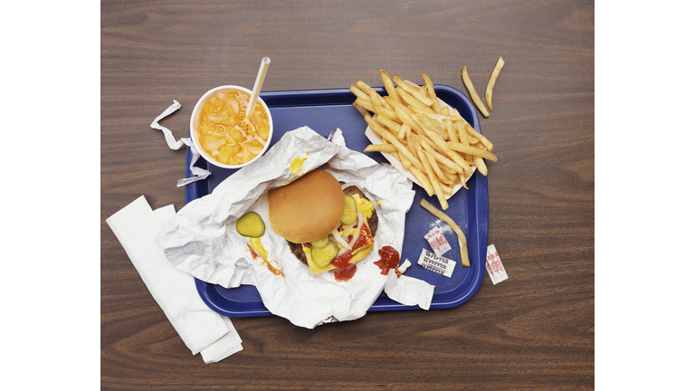 Elevated View of a Tray With Fries, a Hamburger and Lemonade