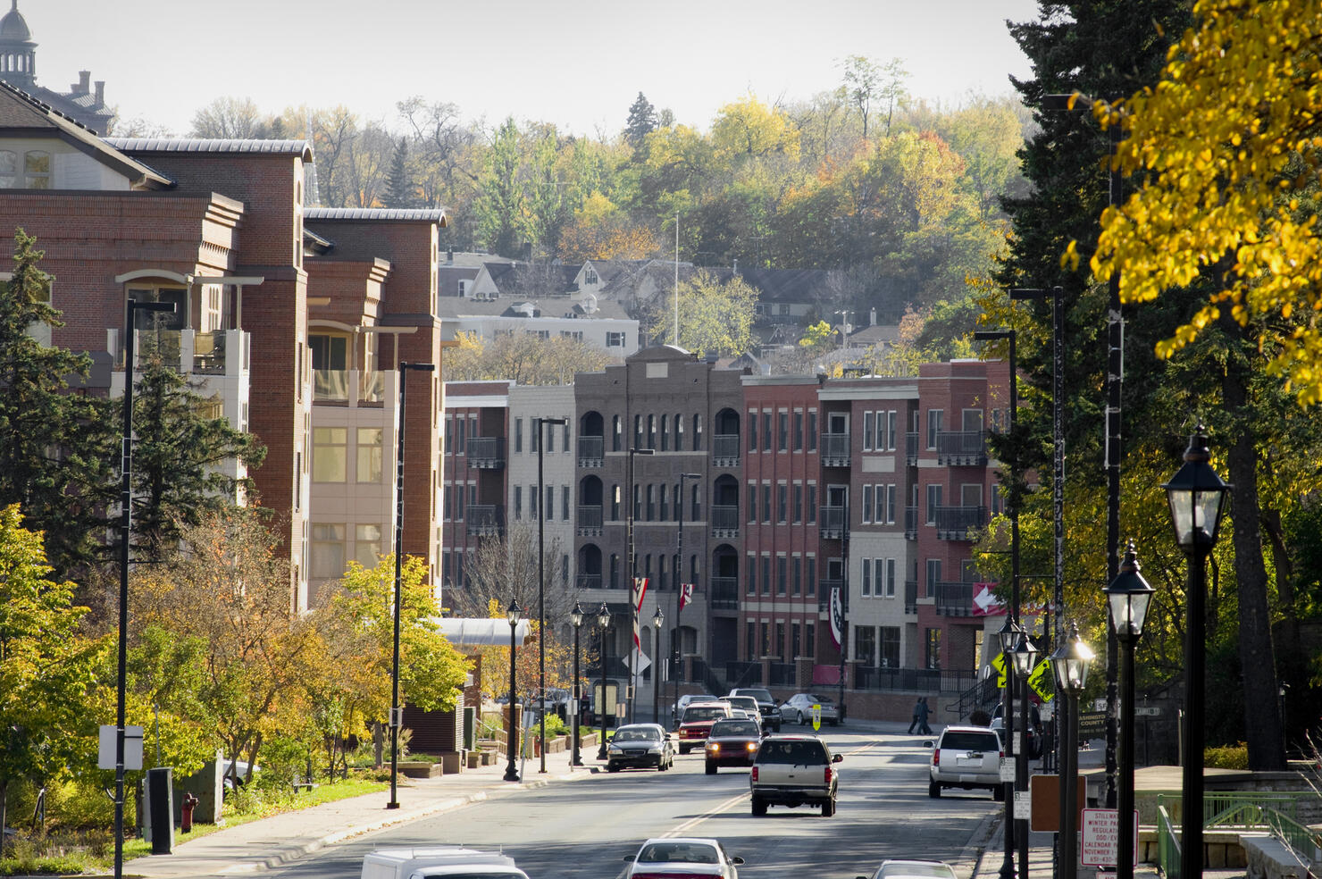 Street view of house building and green tress in Autumn