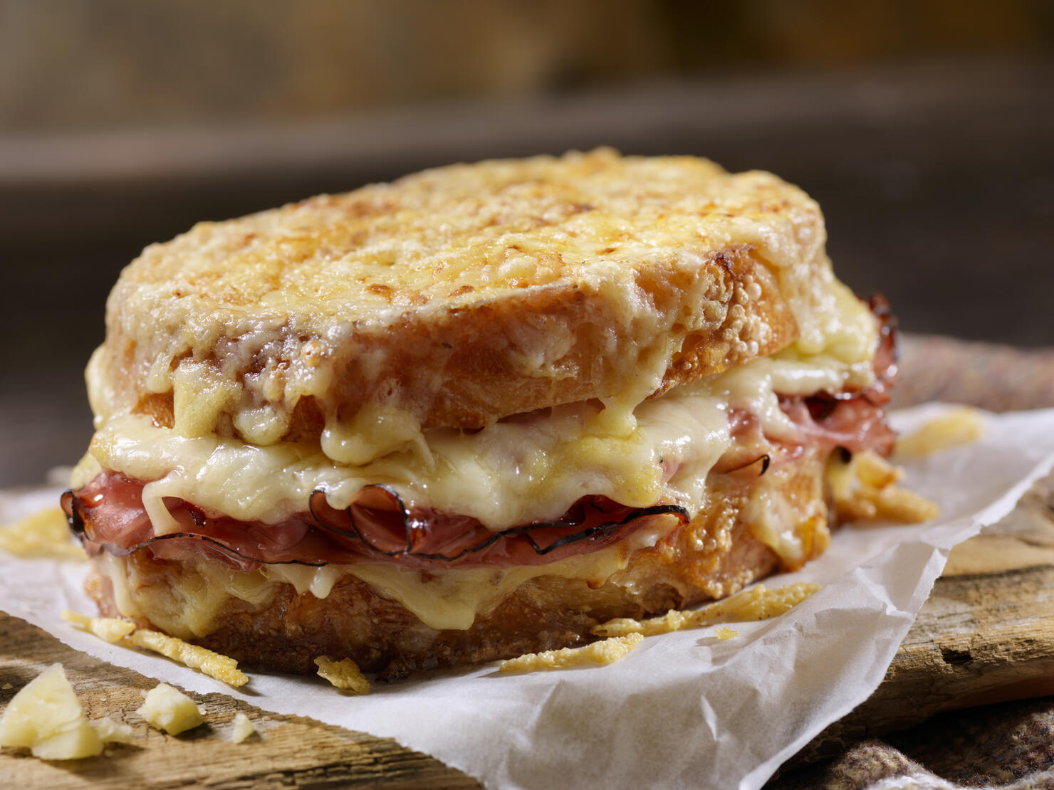 Croque Monsieur, Grilled Cheese Sandwich with Black Forest Ham, Gruyere and Bechamel Sauce