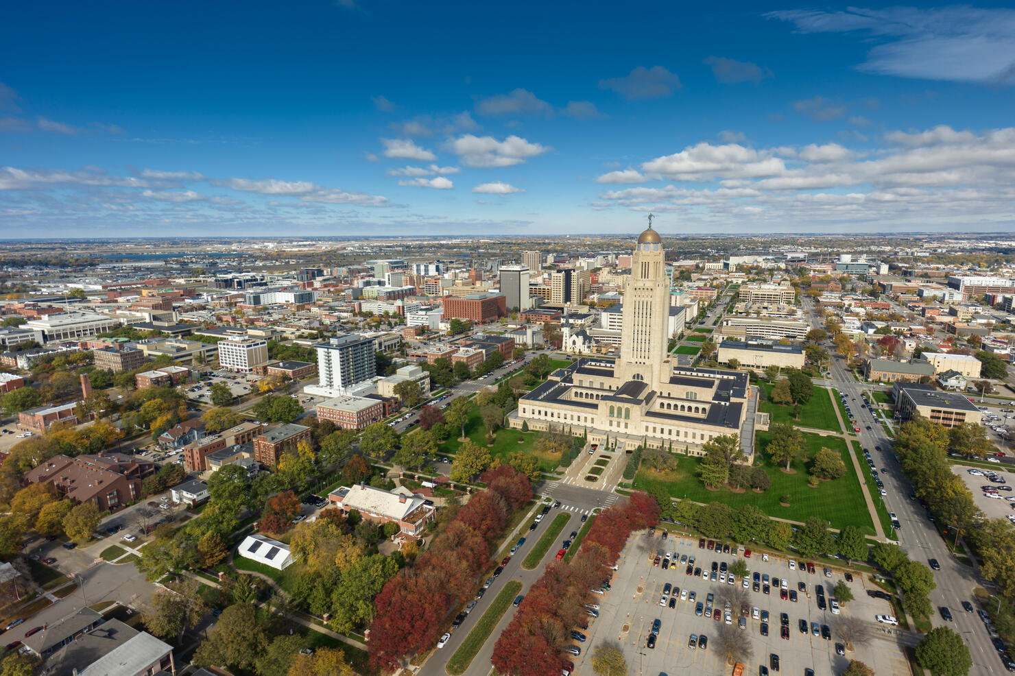 High Angle Wide Shot of Nebraska State Capitol on Fall Day
