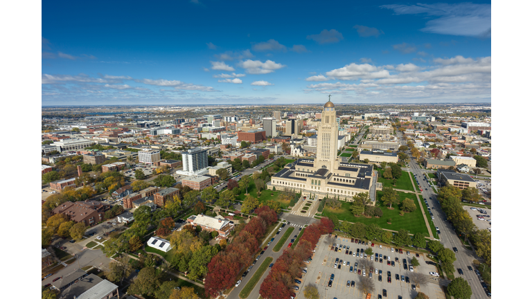 High Angle Wide Shot of Nebraska State Capitol on Fall Day