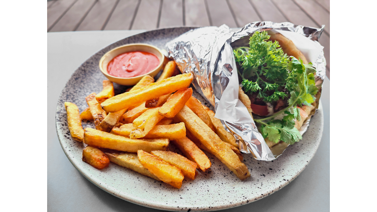 Chicken Gyros Wrap With Fries on the side