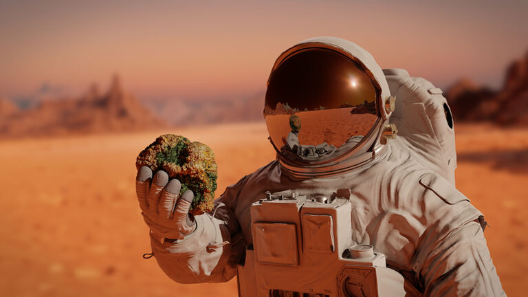 life on planet Mars, astronaut discovers tiny martians (3d science illustration)