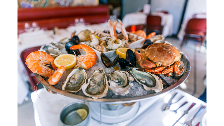 Seafood platter with oysters, prawns and crab in a restaurant