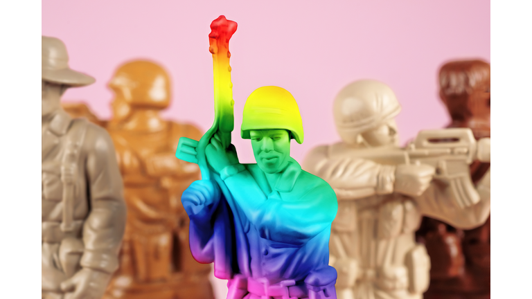 Multicolored toy soldiers representing diversity and gay people in the military.