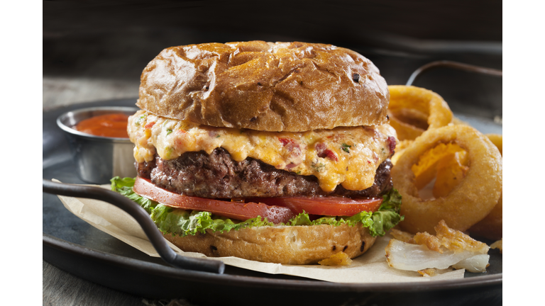 Pimento Cheese Burger with Lettuce, Tomato and Thick Cut Onion Rings