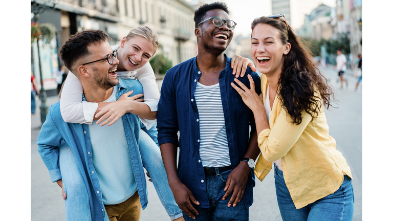 Friends having fun outdoors in the city.