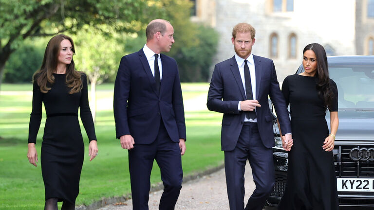 The Prince and Princess of Wales Accompanied By The Duke And Duchess Of Sussex Greet Wellwishers Outside Windsor Castle