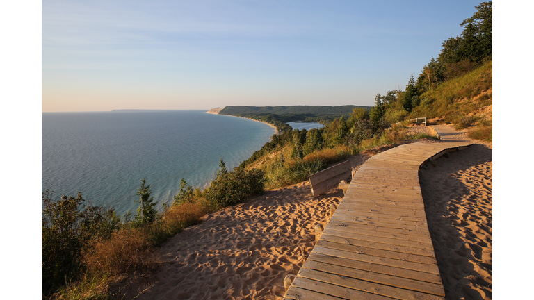beautiful sunset scenery at the Empire Bluff Scenic Lookout, overlooking Lake Michigan, the Sleeping Bear Dunes, and the Manitou Island