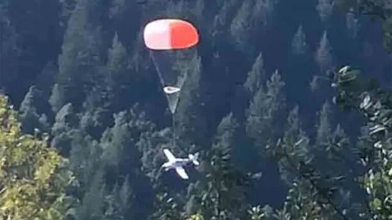 A single engine plane parachutes after a mechanical issue