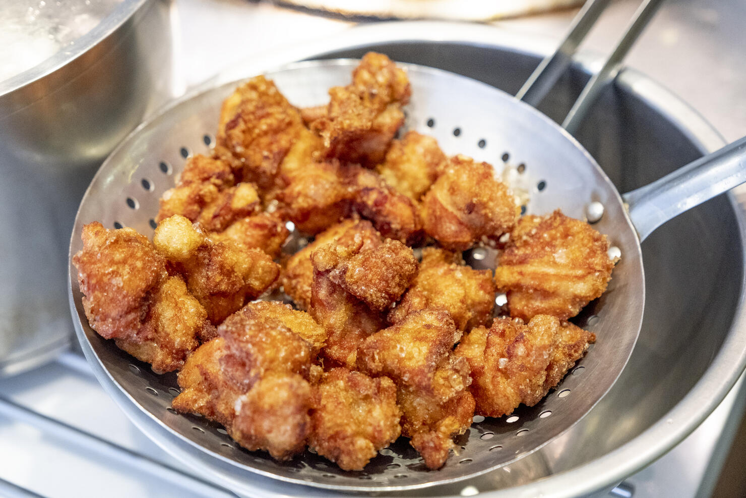 Chief Making the Dish, Deep Fried Chicken in Iron Pan