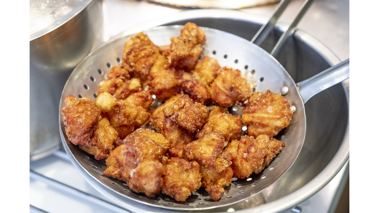 Chief Making the Dish, Deep Fried Chicken in Iron Pan
