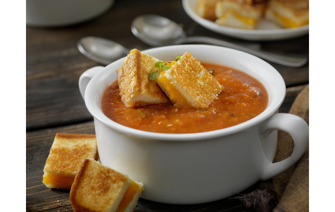 Roasted Tomato, Garlic and Basil Soup with Grilled Cheese Croutons