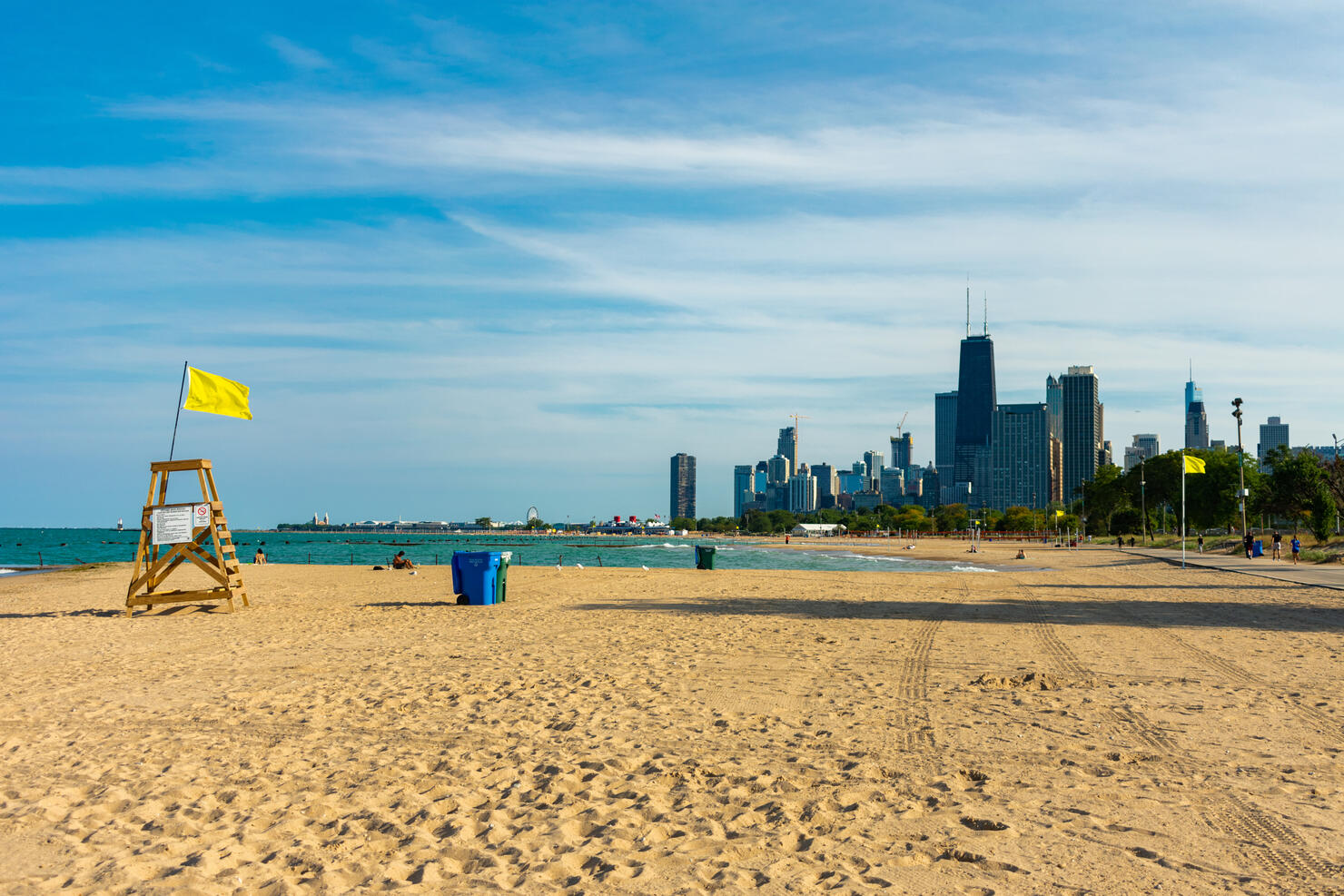 Chicago North Side Beach with Lifeguard Tower and Skyline