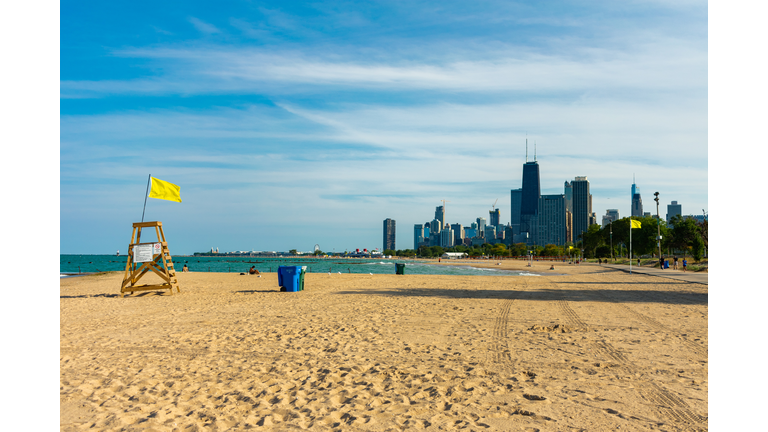 Chicago North Side Beach with Lifeguard Tower and Skyline