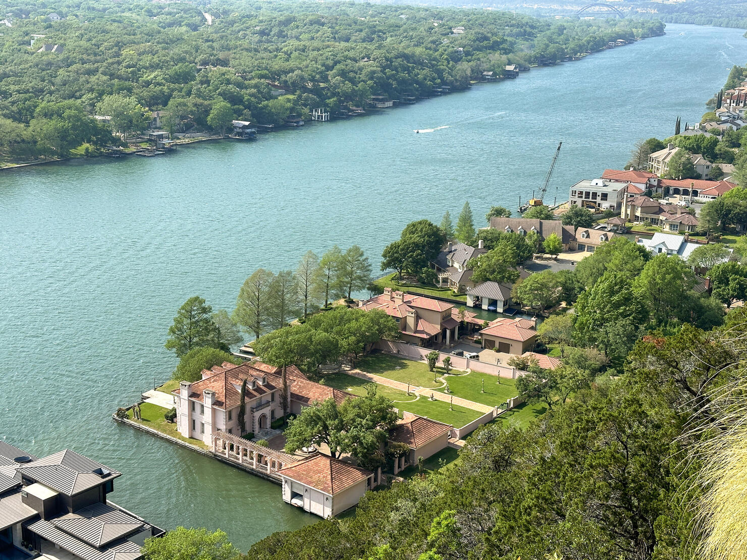 Houses and mansions along the Colorado river .  View from Mount Bonnell. Austin, Texas
