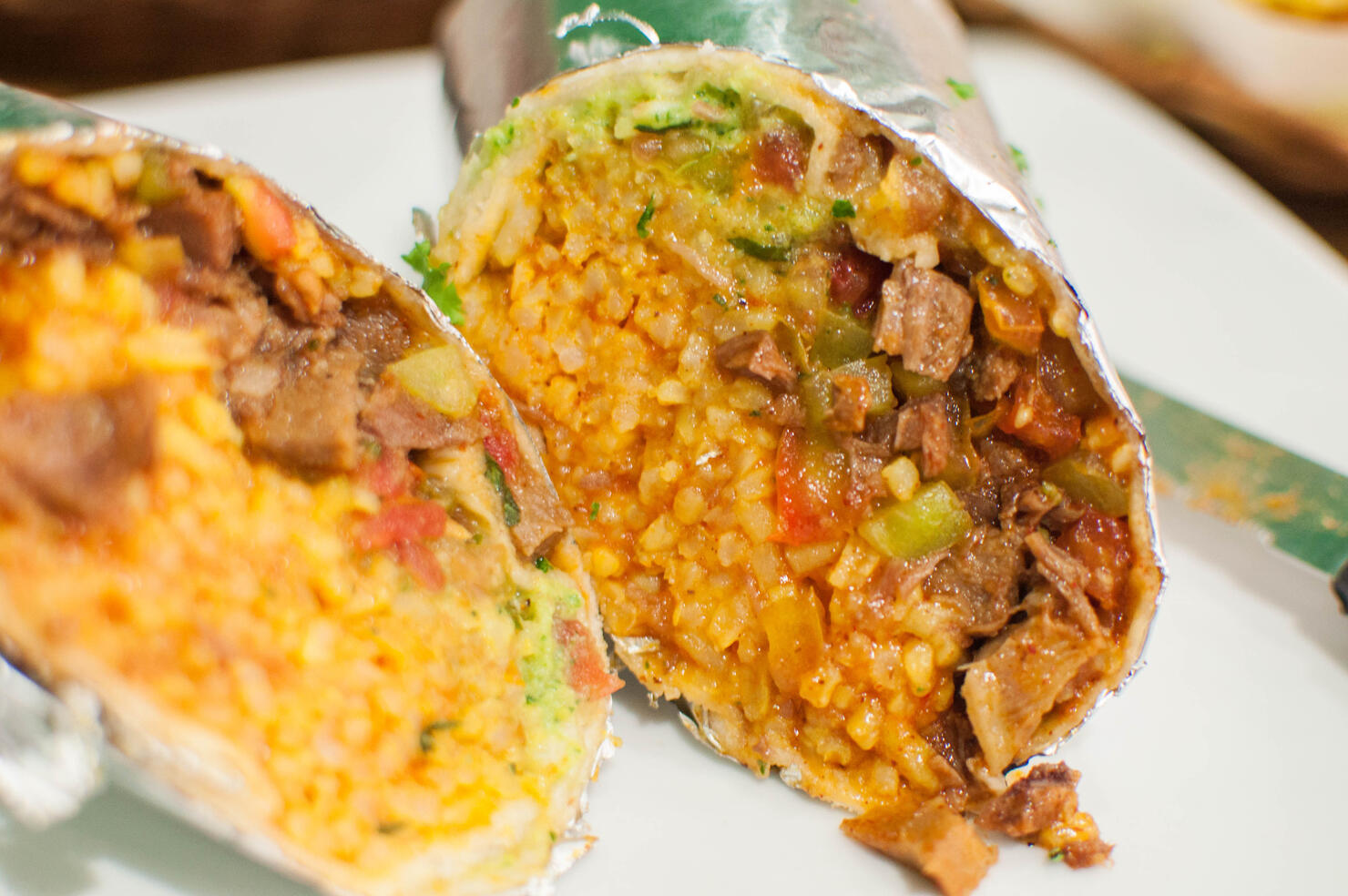 A close-up of a burrito
