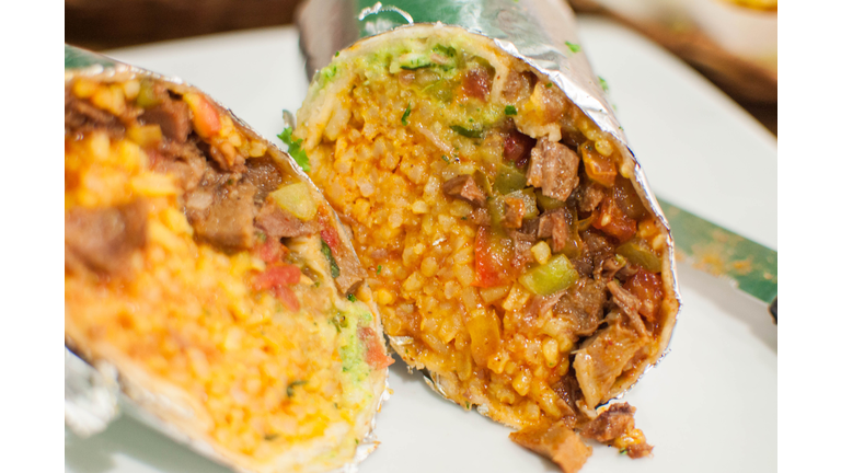 A close-up of a burrito
