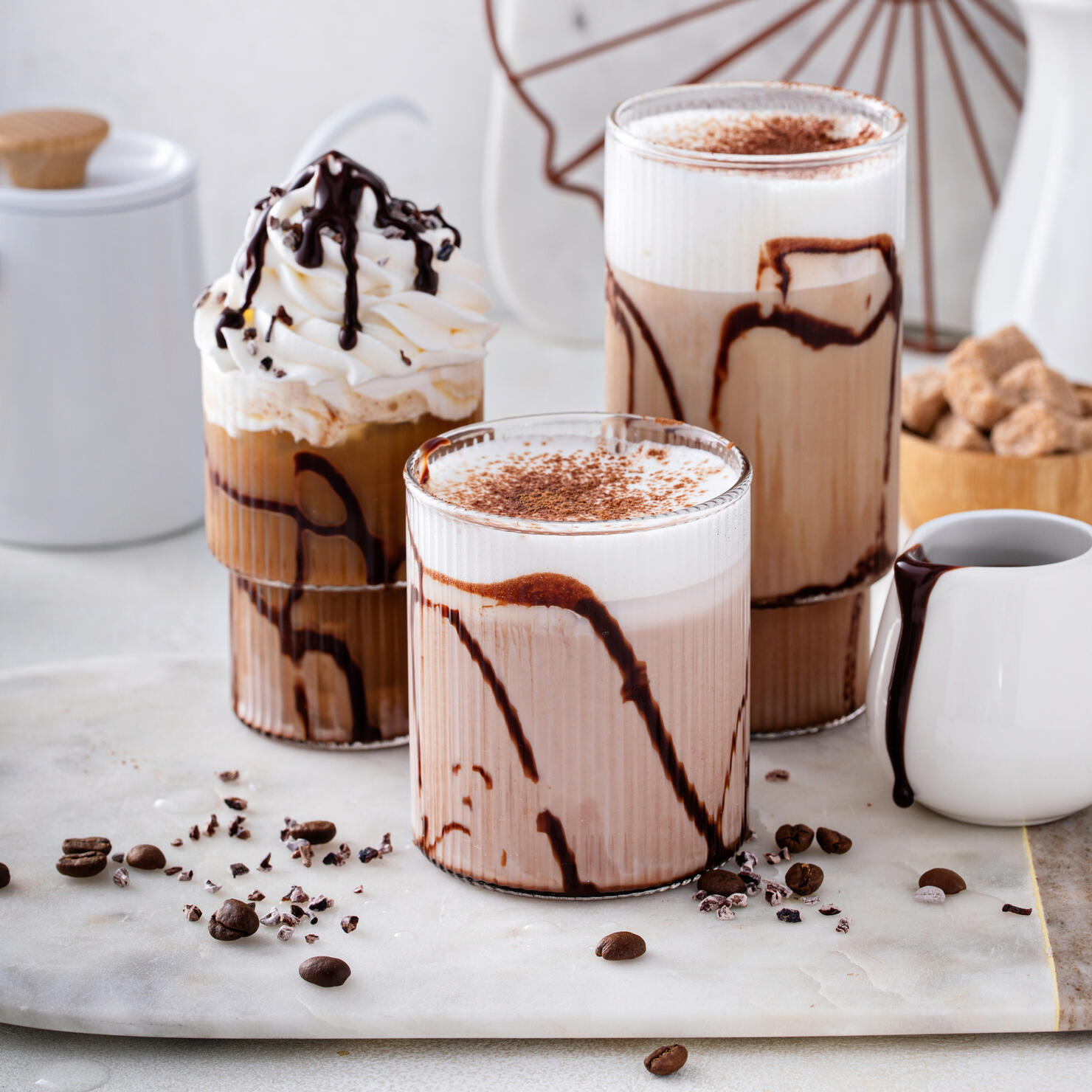 Mocha latte and iced frappe, refreshing and sweet coffee drinks