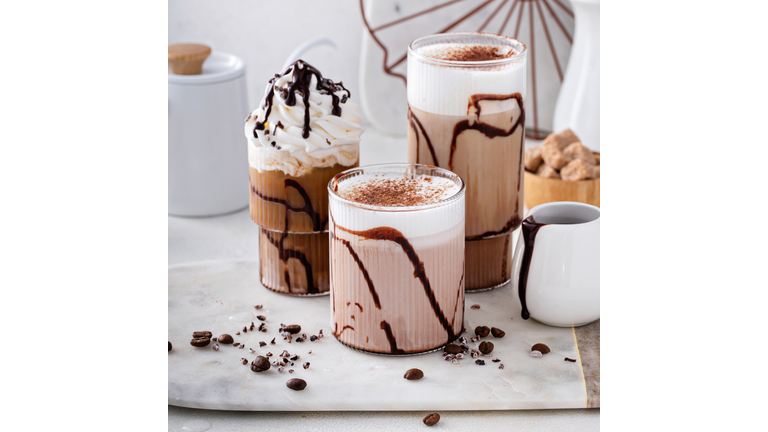 Mocha latte and iced frappe, refreshing and sweet coffee drinks