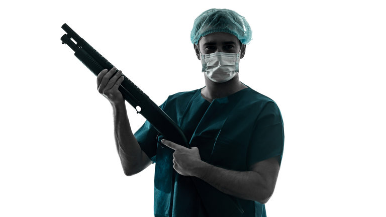 doctor surgeon man with face mask holding shotgun silhouette