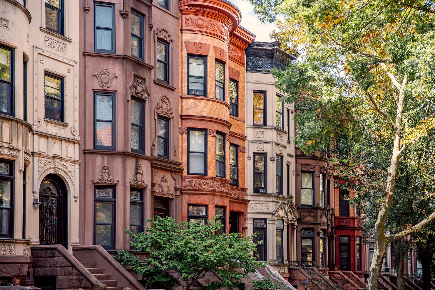 Brownstone houses in Park Slope, Brooklyn, New York City, USA
