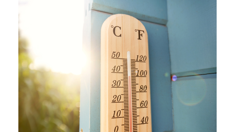 Thermometer at blue wooden wall in garden