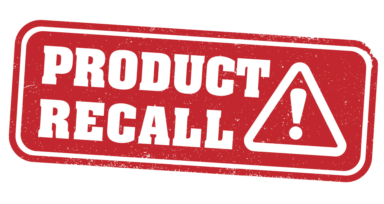 red grungy PRODUCT RECALL stamp or label with warning symbol