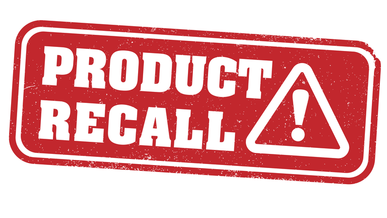 red grungy PRODUCT RECALL stamp or label with warning symbol
