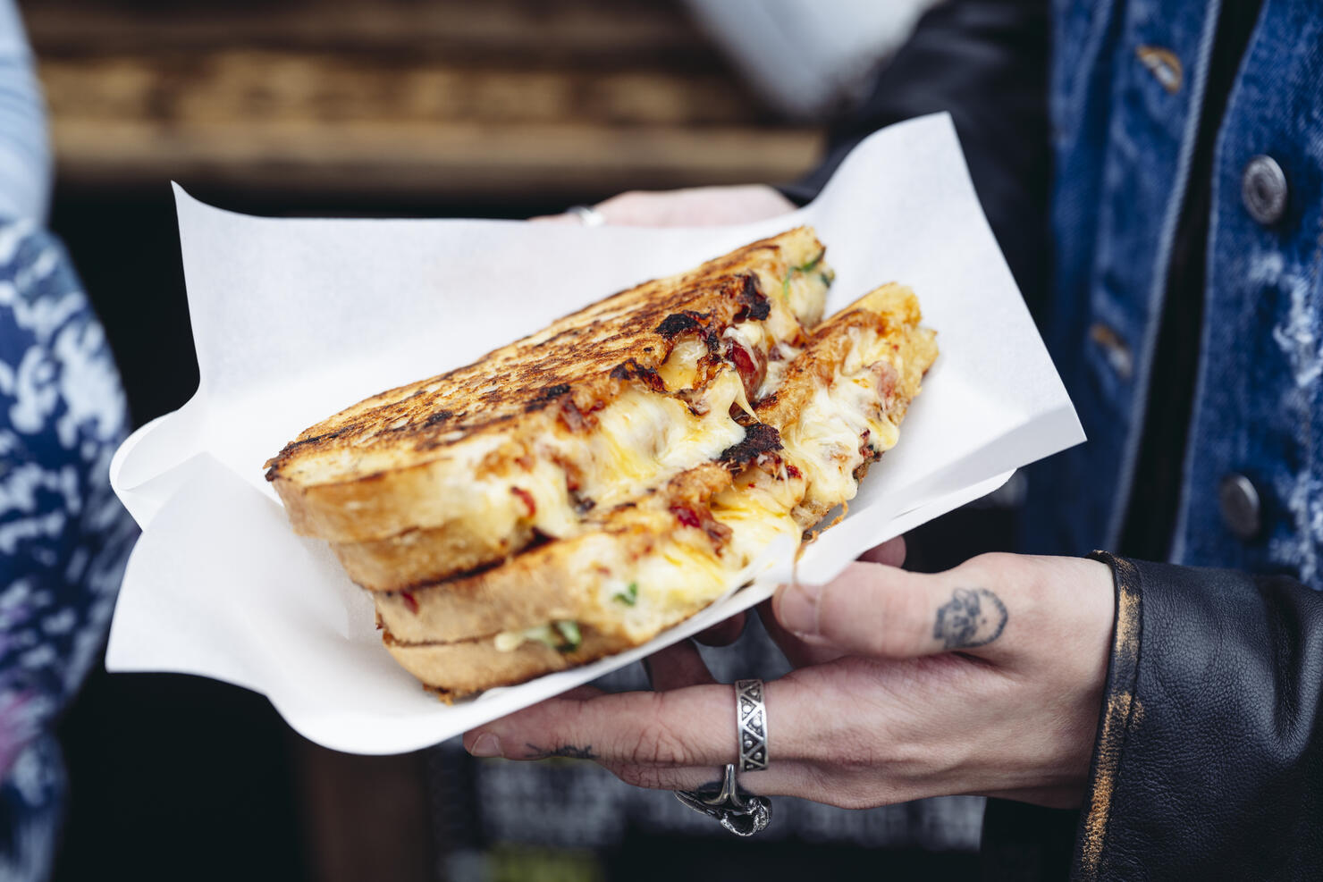 Outdoor portrait of grilled cheese sandwich