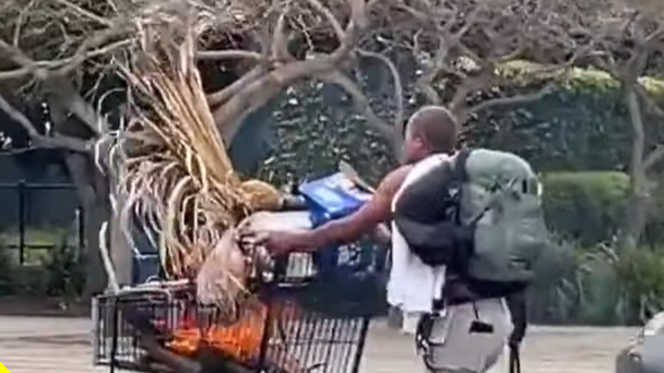 Man Seen Using Shopping Cart and a SWORD to Grill BBQ Along Street in Ca.