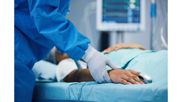 Holding hands, healthcare and a doctor with a patient in surgery for pulse, help or support. Hospital, medicine and closeup of a surgeon in theater with a person for consultation or medical nursing