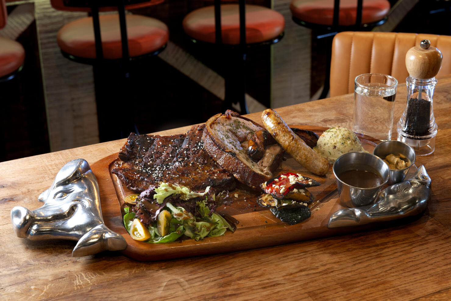 Various grilled pork chop ,steak , sausage tapas