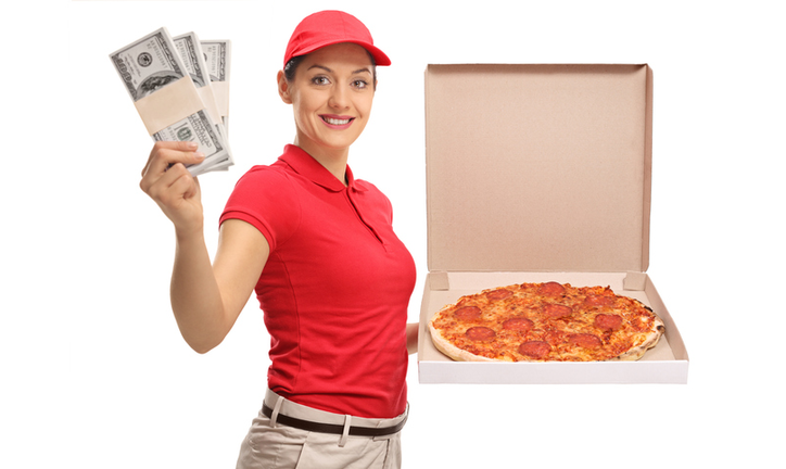 Pizza delivery girl with bundles of money and a pizza box