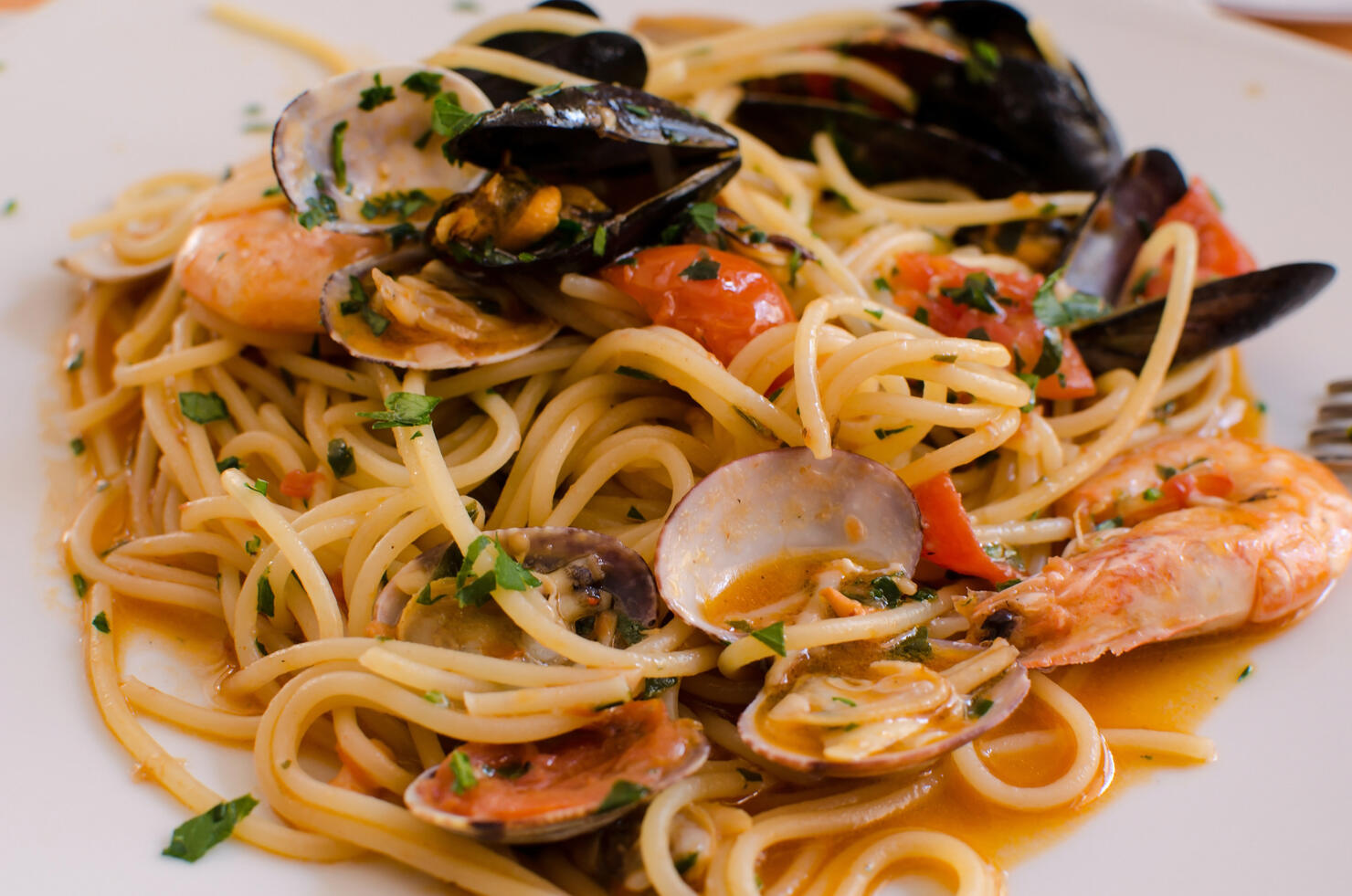 Spaghetti with typical Italian food seafood