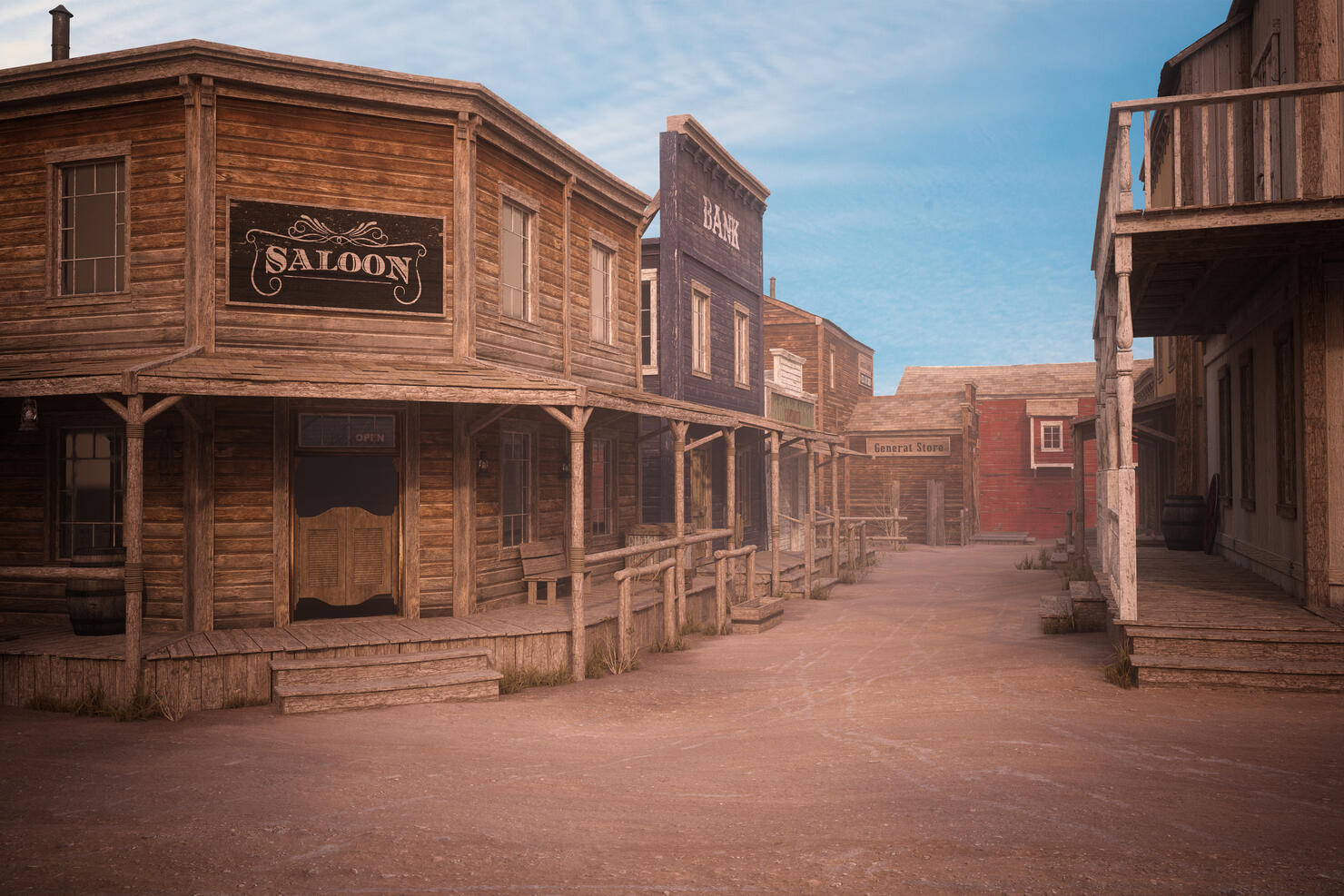 Empty dirt street in an old western town with various wooden buildings. 3D illustration.