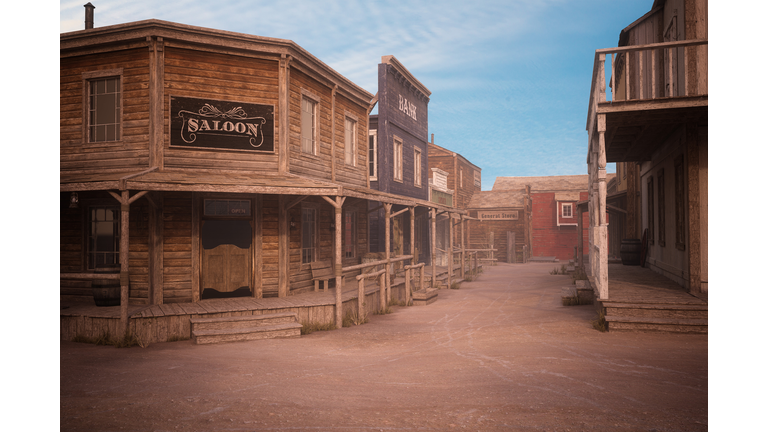 Empty dirt street in an old western town with various wooden buildings. 3D illustration.