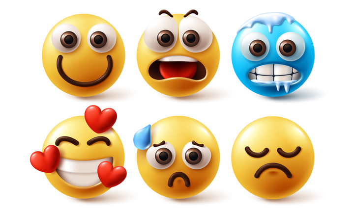 Emojis emoticon characters vector set. Emoji emoticons in happy, shock, freeze, in love, funny and sad facial expression