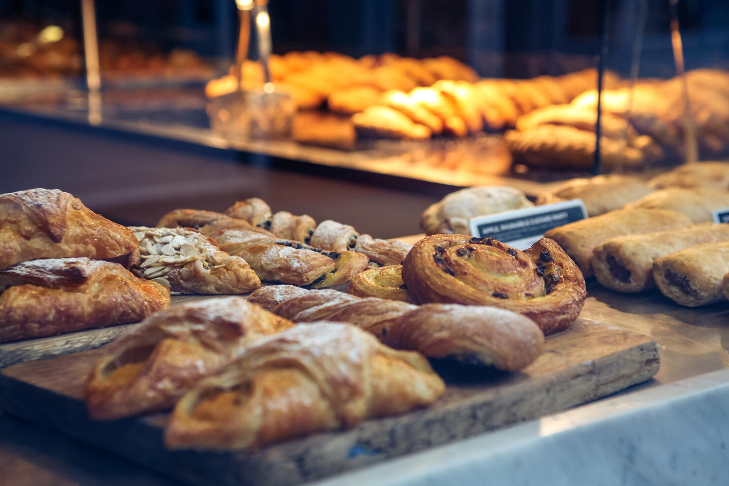 Pastries in a bakery window