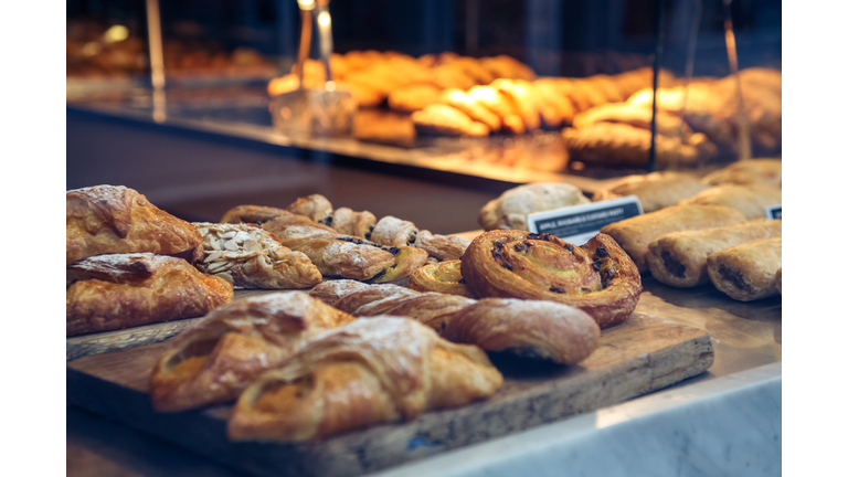 Pastries in a bakery window