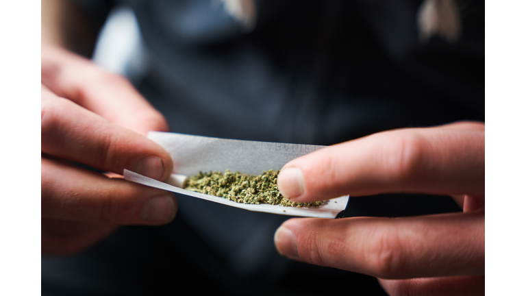 Close-up of young adult man rolling a marijuana joint on blur background.